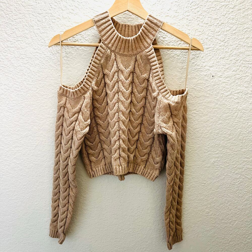 Debut Cold Shoulder Cable Knit Sweater M/L Beige Chunky Crop Cozy Cottagecore - Picture 2 of 6